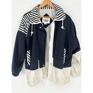 Mulberry Street Vintage 80's Nautical Striped Front Zip Hooded Jacket Size M
